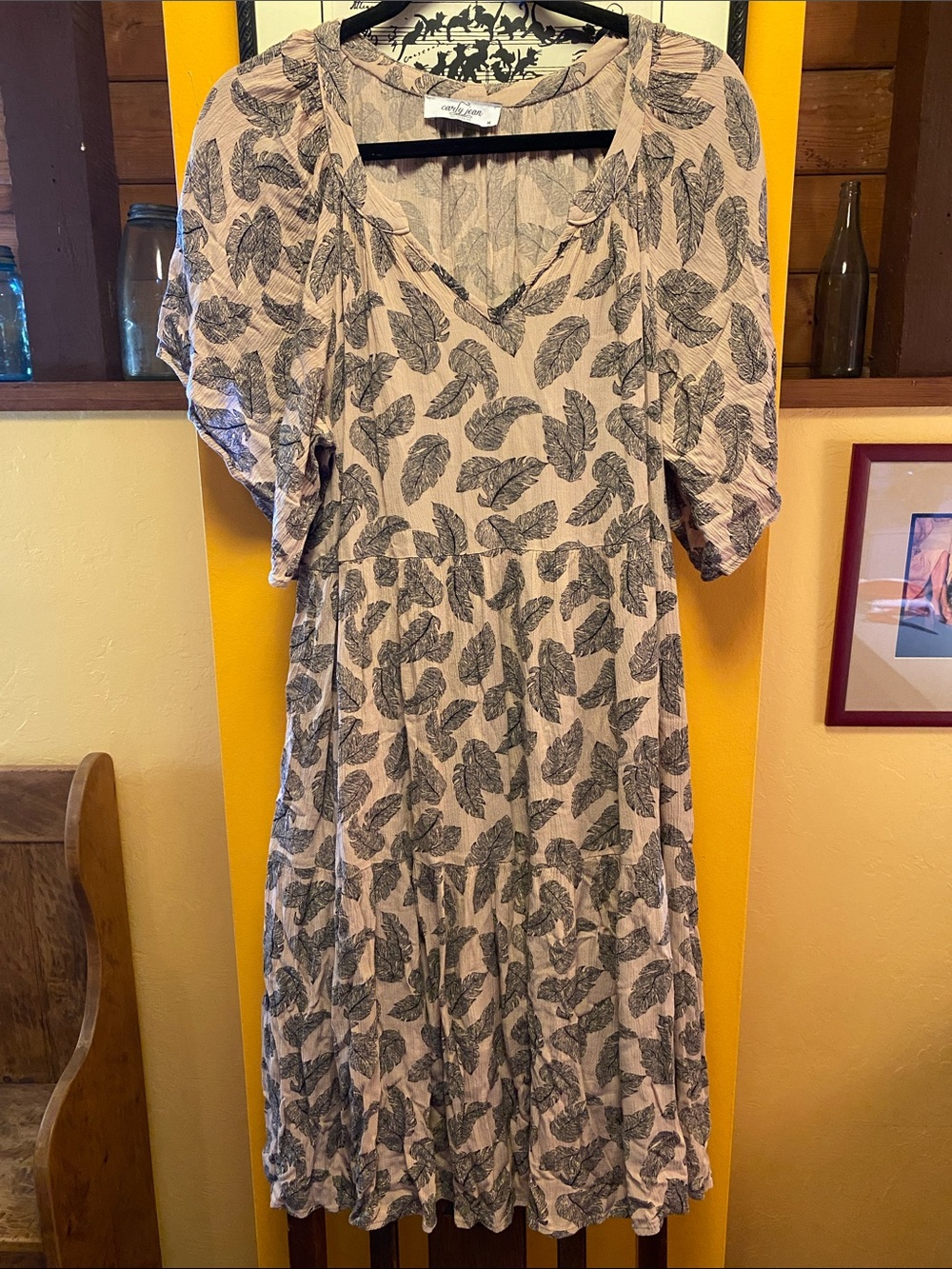 Carly Jean Rayon Flutter Sleeve Leaf Motif Tiered Midi Dress